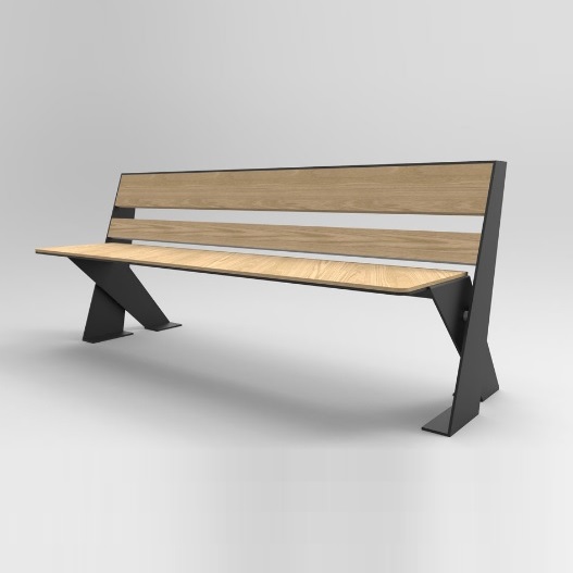 panchina con schienale in acciaio e legno
