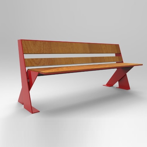 panchina con schienale in acciaio e legno