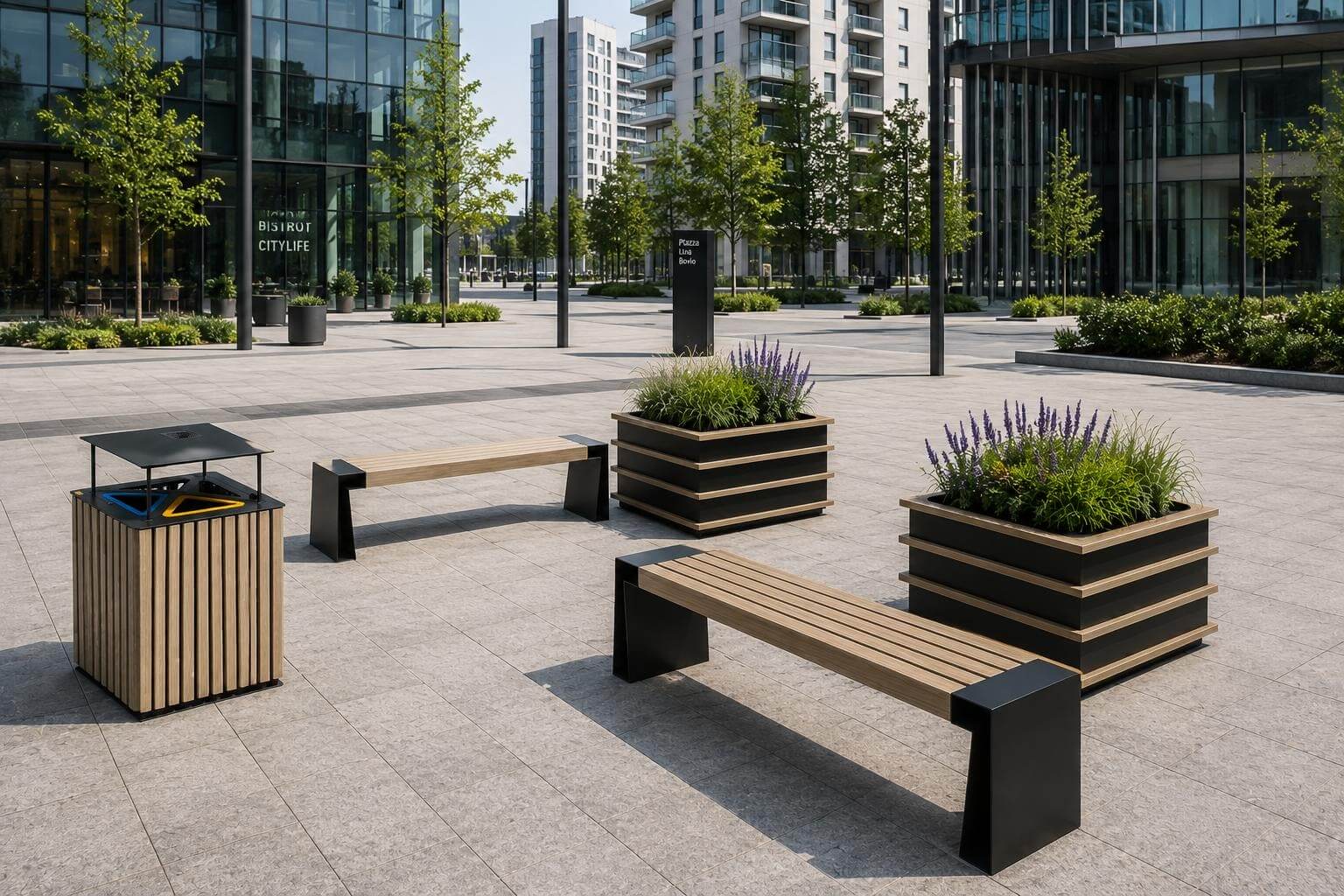 Progetto di urban design e arredo urbano con cestino Elodie, seduta Seven e fioriera Tower